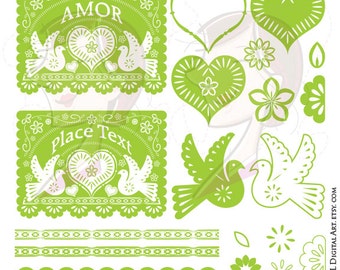 Papel Picado Lime Mexican Green Banner VECTOR Clipart Hearts Borders Birds Doves Design Elements Instant Download DIY Wedding Png File 10646
