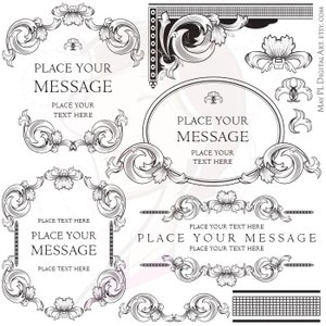 Op de afbeelding: Een set zwarte en witte sierlijke frames met de tekst "PLACE YOUR MESSAGE" en "PLACE YOUR TEXT HERE".