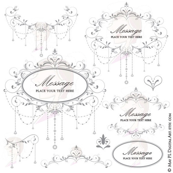 Elegant Wedding DIY Invitations Digital Frame Chandelier Floral Heart Flourish Border Gray Grey Gorgeous VECTOR Eps Png Clip Art Set 10446