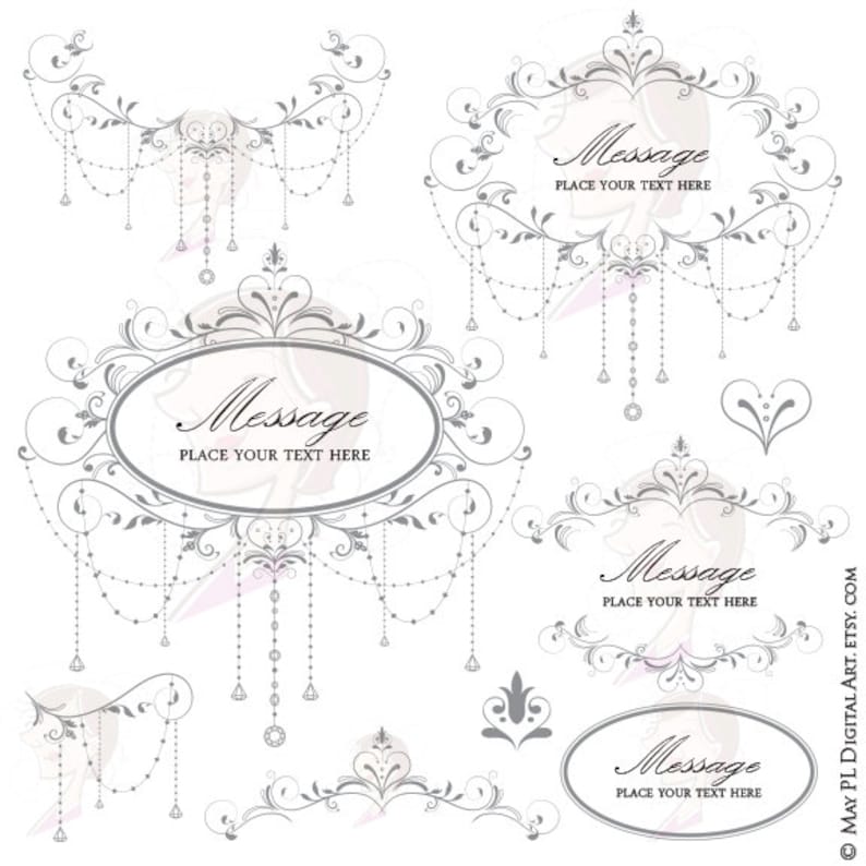 May include: Five ornate silver frames with a delicate floral design and dangling pearl-like beads. Each frame has the word "Message" and the text "Place your text here".