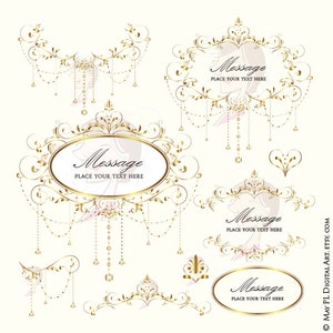 May include: A set of five gold ornate frames with a delicate, dangling chain design. Each frame has the word "Message" and the text "Place your text here".