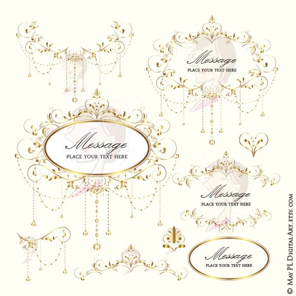 Wedding Clip Art Gold Foliage Clipart Vine Monogram Frame Crystal Chandelier Garland Retro Design DIY Programs Invitations Graphics 10396