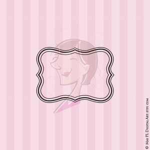 May include: A cartoon illustration of a woman with brown hair, smiling, inside a black double-lined frame. The background is a pink and white striped pattern.