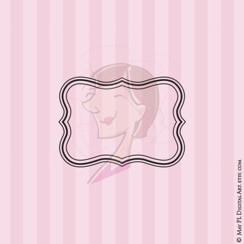 May include: A cartoon illustration of a woman with brown hair, smiling, inside a black double-lined frame. The background is a pink and white striped pattern.