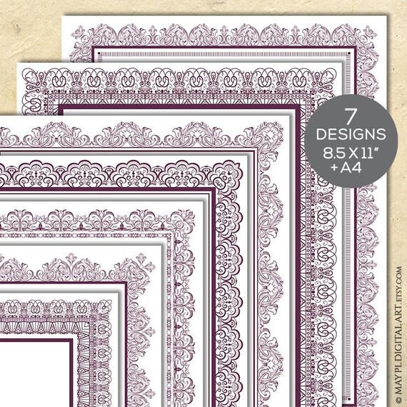 Dark Purple Page Border, Aubergine 8x11 and A4 Clipart - Frames
