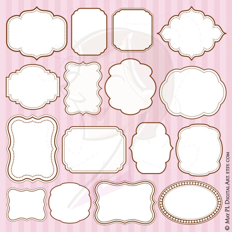May include: Set of 12 brown and white decorative frames with scalloped edges. The frames are on a pink and white striped background.