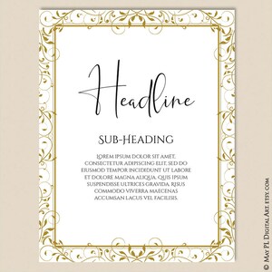 May include: A white printable template with a gold ornate border and text that reads "Headline" and "Sub-Heading". The text below the sub-heading reads "Lorem ipsum dolor sit amet, consectetur adipiscing elit, sed do eiusmod tempor incididunt ut labore et dolore magna aliqua. Quis ipsum suspendisse ultrices gravida risus commodo viverra maecenas accumsan lacus vel facilisis."