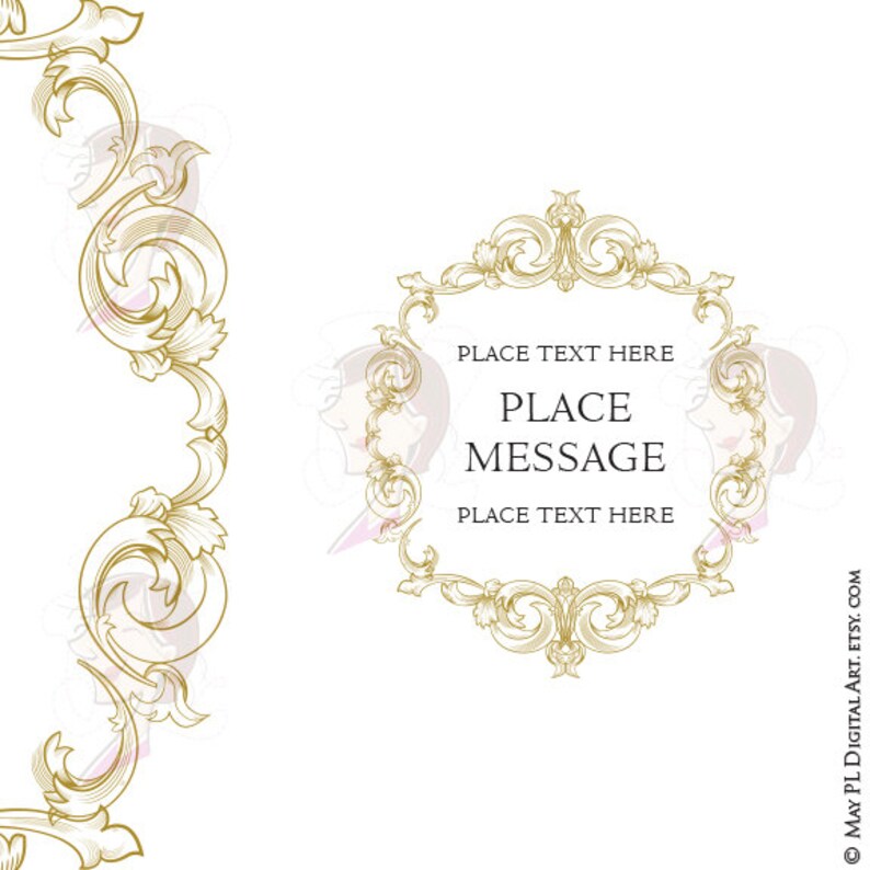 May include: A gold ornate frame with a white background and the text "PLACE TEXT HERE PLACE MESSAGE PLACE TEXT HERE".