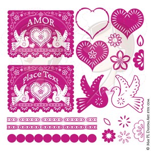 Papel Picado Banners Clipart - Fuschia Pink Wedding, Design mexicain avec oiseau, cœurs, frontières - Utilisation commerciale GRATUITE 10645