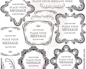 Retro Digital Frames Vintage Curly Borders Corners Elegant Swirls Circles Round Labels Tags Clip Art Collection DIY Invitation Cards 10253