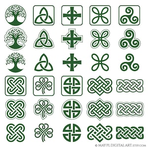 Simboli celtici verdi Clipart tradizionali - Albero della vita, Triquetra, Croce, Nodo Bowen, Triskelion, Nodo Salomone, Trifoglio 11096
