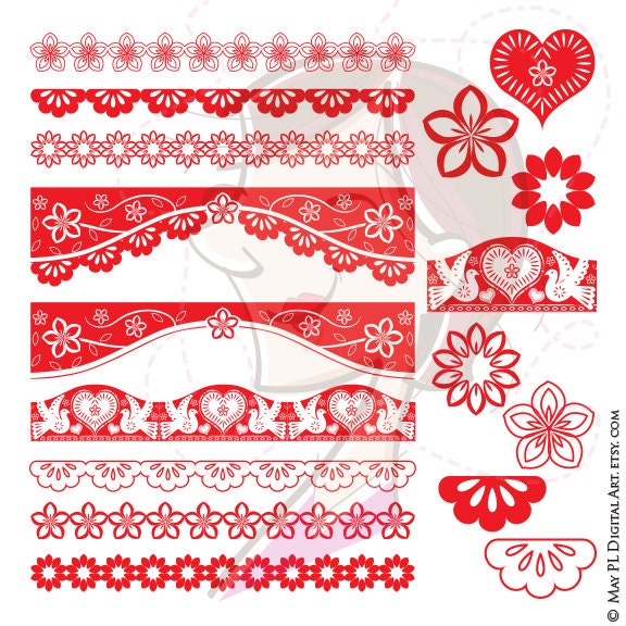 Mexican Wedding, Party Decorations, Fiesta Clipart Borders - includes Red Borders and Cute Flowers - FREE Commercial Use 10576