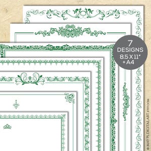 Könnte beinhalten: Eine Sammlung von sieben dekorativen Designvorlagen mit grünen floralen Rändern auf weißem Papier. Die Designs umfassen verschiedene verzierte Muster und haben die Größe 8,5 x 11 Zoll und A4. Das Bild zeigt eine Vielzahl von eleganten Rahmen im Vintage-Stil.