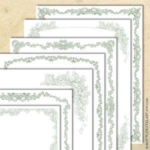 Salbeigrüne Dokumentenränder-Clipart, historische Blumenrahmen – antike kunstvolle Blattwerksdesigns für Hochzeitseinladungen, Auszeichnungsurkunden 10962