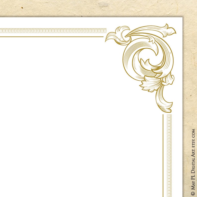 May include: A white background with a gold ornate border design. The border is on the top and right side of the image. The design is a swirl with leaves.