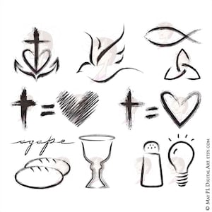 Clipart cristiano con simboli della Chiesa - Croce uguale ad amore, fede, speranza, amore, Spirito Santo, pesce, sale e luce, comunione 10744