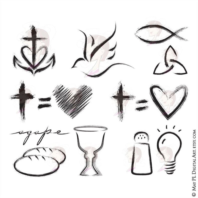 Może przedstawiać: Czarno-białe ilustracje ręcznie rysowane symboli chrześcijańskich, w tym krzyż, gołąb, ryba, serce, kielich, chleb, solniczka, żar&oacute;wka i węzeł tr&oacute;jlistny. Zawiera r&oacute;wnież tekst "agape".