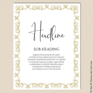 May include: A printable template with a gold ornate border and a white background. The text "Headline" is written in a cursive font and the text "SUB-HEADING" is written in a sans-serif font. The text below the subheading is lorem ipsum text.