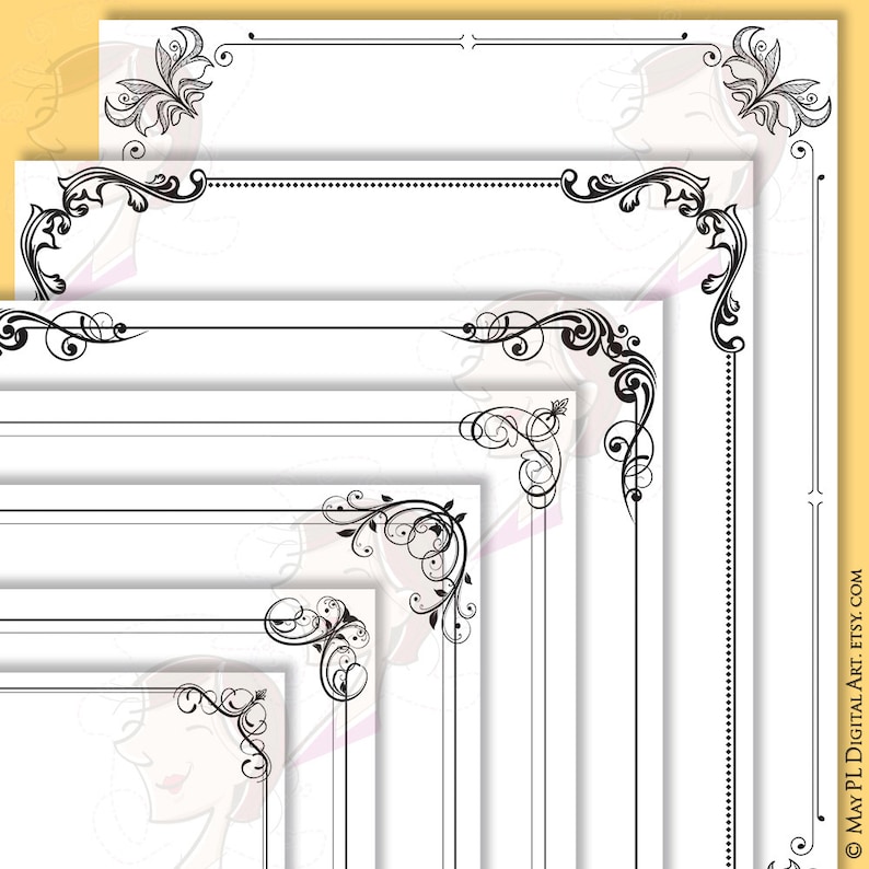May include: Set of five black and white printable frames with ornate floral designs. The frames are layered on top of each other, with the largest frame at the bottom and the smallest frame at the top.