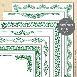 May include: A collection of seven green decorative border designs on white paper. The designs include ornate floral and scroll patterns. The image includes the text "7 Designs 8.5 x 11" + A4".