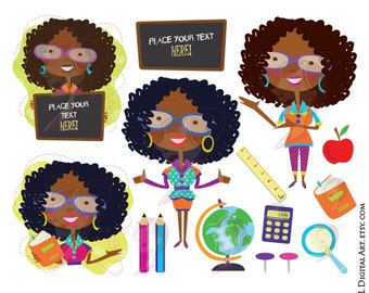 African American Woman Back To School Teachers Clipart - Classroom Black Women with Glasses, Chalkboard, Pencil - FREE Commercial Use 10667