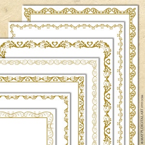 Gold Fancy Page Borders, Patterned Flourish Vintage Frames DIY Certificates Award Documents Wedding Invitations Digital Download 10918
