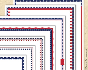 Fourth Of July Patriotic Page Borders 8x11 Thin Frames Clipart - American Independence Day Red Blue DIY Invitation Digital Download 10867