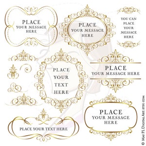 May include: A set of ten gold ornate frames with the text "Place your message here" in each frame. The frames are perfect for adding a touch of elegance to any project.