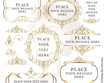 Gold Flourish Frames Clip Art Digital Vintage Decorative VECTOR Elegant Swirl Foliage Graphics Diy Wedding Invitations COMMERCIAL USE 10053