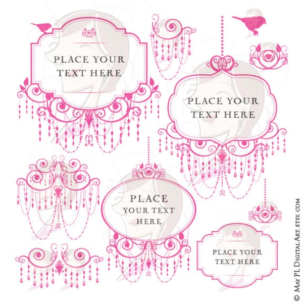 Branding Logo Design - Pink Chandeliers Clip Art Retro Ornate Frame great for DIY Business, Wedding, Invites, Craft - Commercial Use 10495