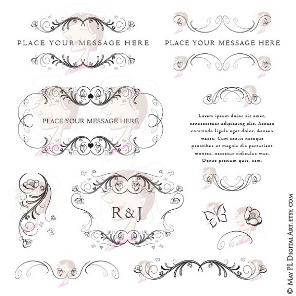 Shabby Chic Graphics Indie Style Boho Digital Frames Monogram Orange Blossoms Swirls Butterflies Wedding Scrapbook Clip Art Set 10326