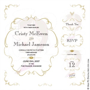Gold HochzeitSeinladung Vintage DIY Save The Date Thank You Tischnummer RSVP Handdrawn Swirl Clipart Antik Gold Rahmen Vektor 10079