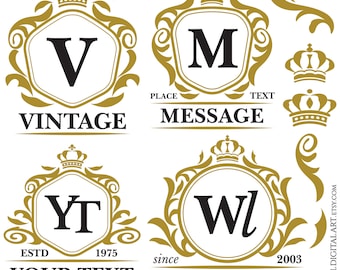 Gold Vintage Emblem Frames Clipart, Logo Design Business Graphics - Crown, Flourish Design Elements Instant Download 11037