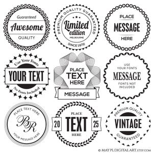 Könnte beinhalten: Satz von zehn schwarzen und weißen Vintage-Logo-Designvorlagen. Die Logos zeigen verschiedene Designs, darunter einen Kranz, eine Sternform und ein geometrisches Muster. Jedes Logo enthält Platzhalter für Text zur Anpassung.