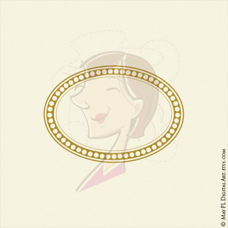 May include: A gold oval frame with a dotted border surrounds a cartoon illustration of a woman with brown hair, smiling and looking to the right.