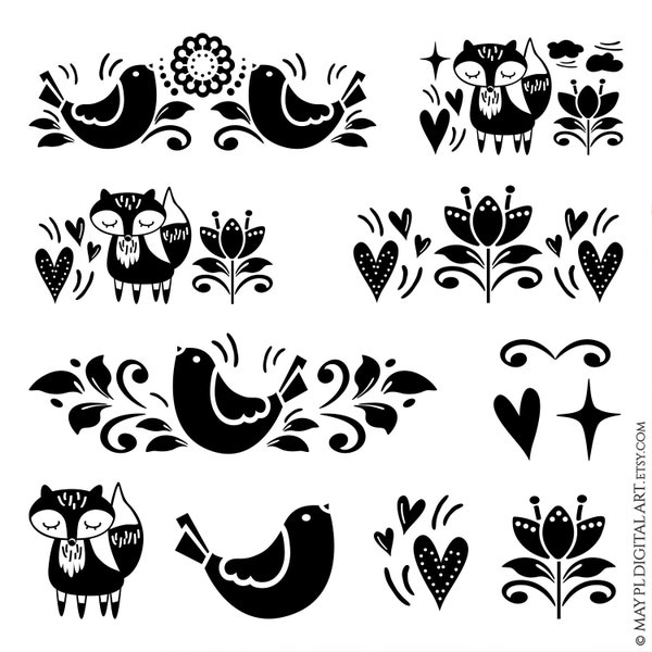 Folk Art Scandinavian Bird Fox Nordic Animals Clipart - Cardmaking Scrapbooking Hobby Projects, DIY Logo Business Branding Designs 10882