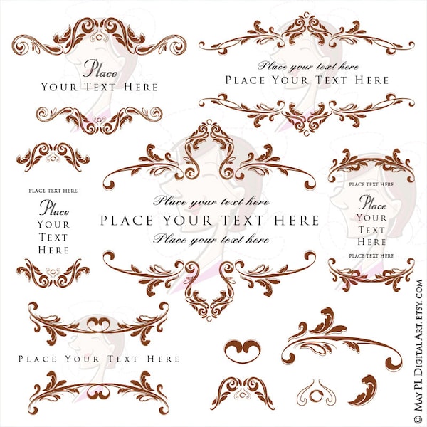 Old Victorian Boho Indie Vintage Rococo Flourish Frames Brown Wedding Invitation Decoration Clipart Instant Download Design Elements 10309