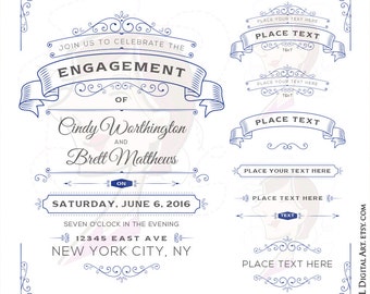 Blue Wedding Invitations - Make your own Invites with these Cobalt Blue Ornate Frames and Banner Clipart - FREE Commercial Use 10111