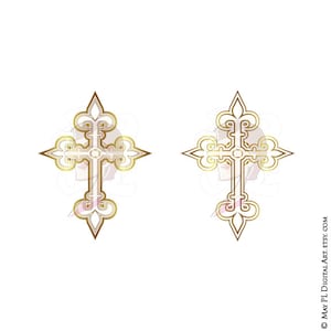 May include: Two gold crosses with intricate designs. The crosses are outlined in white and have a decorative, ornate style.