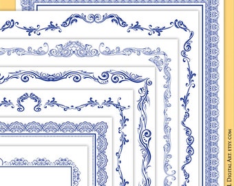 Gift Certificate Blue Wedding Borders Frames Clipart - Vintage Look 8.5x11 Page great as Award Printable COMMERCIAL USE 10783