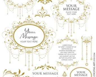 Antique Gold Flourish Chandelier Frames Clip Art, DIY Wedding Invitations - Elegant Vintage Foliage Business Logo Design Elements 10932