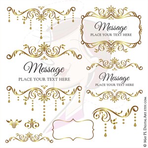 May include: A set of gold decorative elements with ornate swirls and flourishes. The elements include frames, borders, and dividers. The text "Message" appears in each frame, with the instruction "Place your text here".