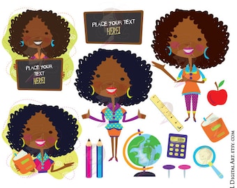 Classroom Teacher Clip Art African American Black Teacher Back To School VECTOR Graphics Chalkboard Pencils Globe Book Apple Clipart 10665