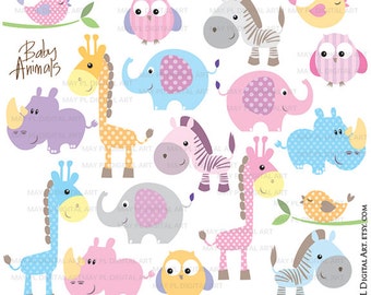 Baby Animals Clipart - Free Commercial Use Cute Clip Art featuring Elephant, Giraffe, Owl, Bird, Rhino and Zebra 10421