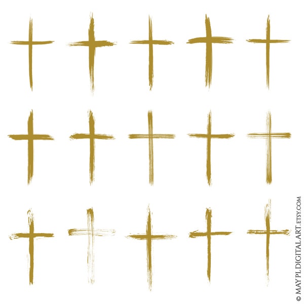 Gold Cross Clipart, Easter Christmas Symbols - Thin Brushstroke Christian Graphics for Sympathy, Wedding, Cardmaking 11014