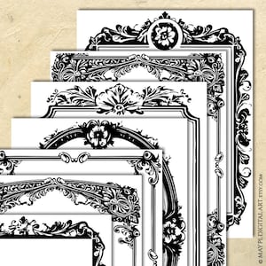 May include: Set of six black and white ornate frames with intricate floral designs. The frames are layered on top of each other, creating a decorative and elegant effect.
