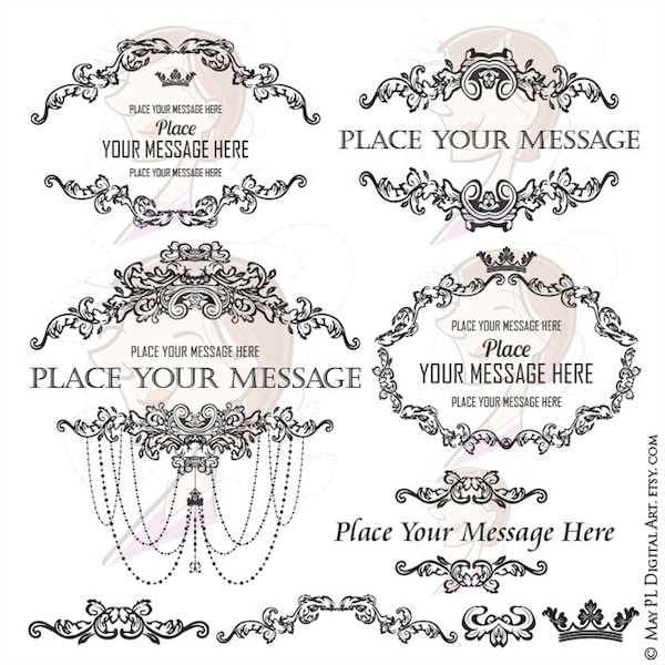 French Country Design, Clipart include Vintage Frames, Chandelier, Oval Wreath Motif and Elements - FREE Commercial Use 10251