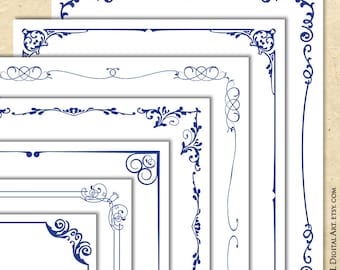 Blue Borders Document Page Clip Art, 8x11 Digital Frame Vintage Certificate Designs Set Of 7 - Flourish Png Jpeg Files COMMERCIAL USE 10858