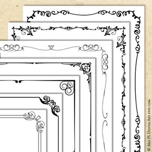 Seite Digitale Bordüren, verzierte Wirbelrahmen, 7er-Set 20x30 Schwarz Vintage Clip Art Printable 10852