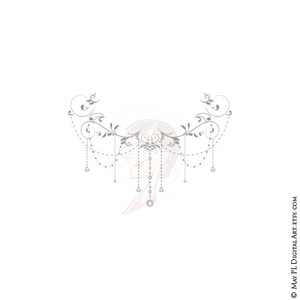 May include: A silver-colored decorative design with a floral motif and dangling chains of beads and diamonds.